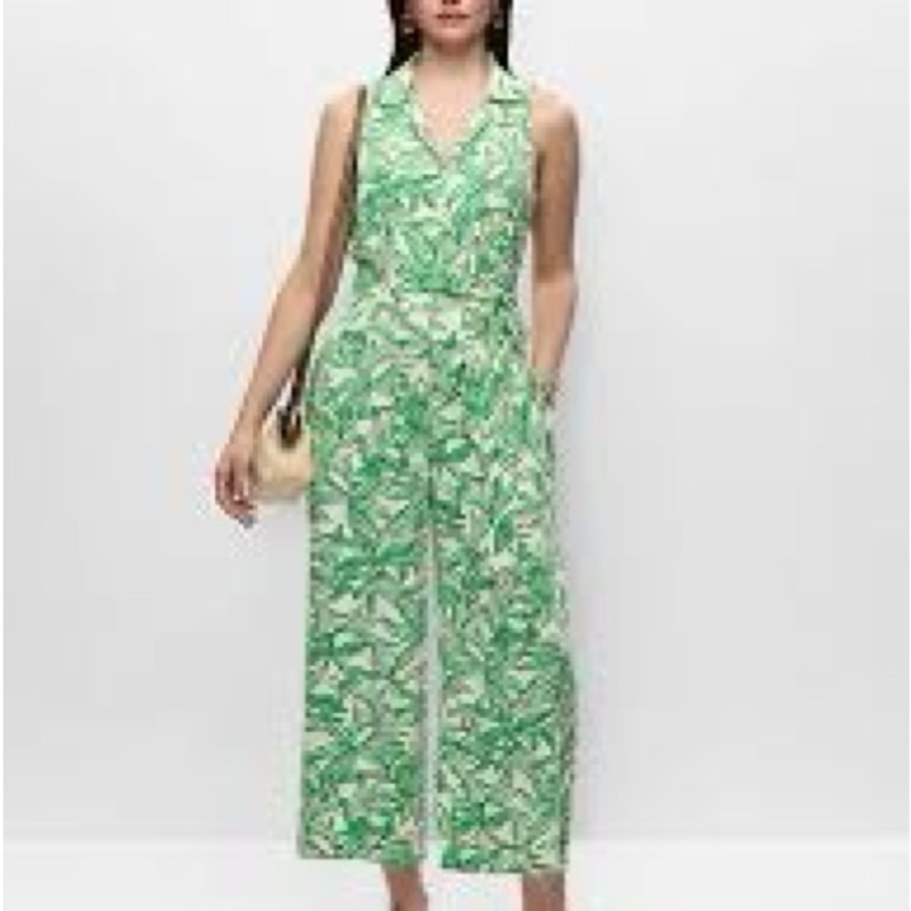 Melanie lyne 6 Tropical Green Leaf Print Sleeveless Jumpsuit